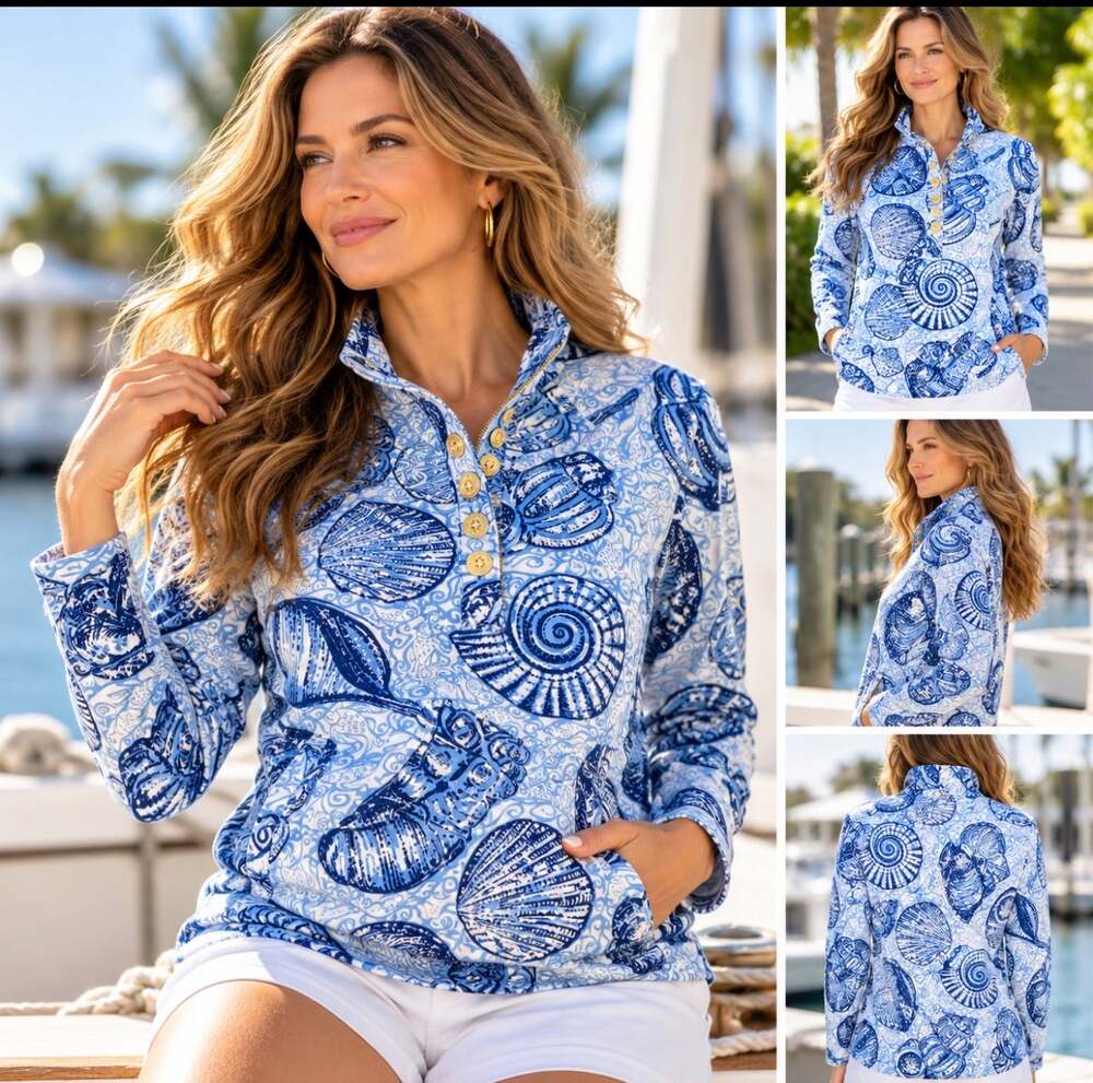 Lilly Pulitzer Captain Popover XL Blue White Stuffed Shells Coastal Pullover